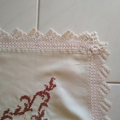 Embroidered handmade tablecloth used, beige with rose design