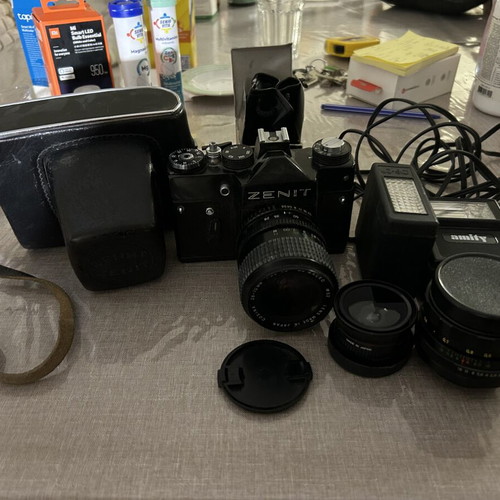 Camera used with case, 3 lenses and 2 flashes