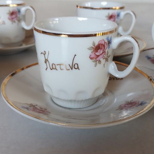 Porcelain Coffee Cups Set "Stefanos & Katina" Vintage 6 pcs