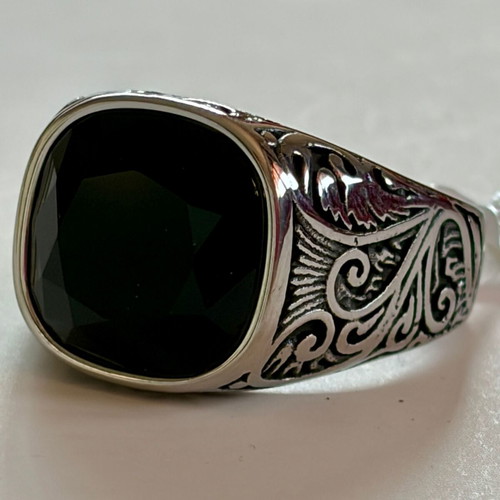 Vintage Signet Ring Black Zircon US 12 316L Stainless Steel New