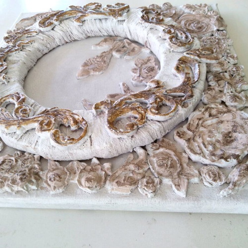 Handmade Mixed Media Relief Canvas Baroque Vintage Style 30x30 cm