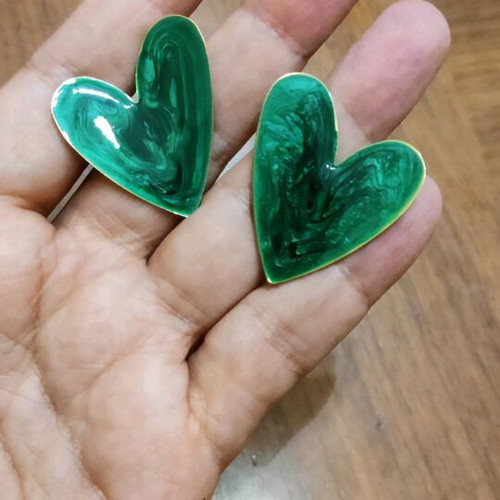 Large heart earrings with green enamel new