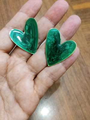 Large heart earrings with green enamel new