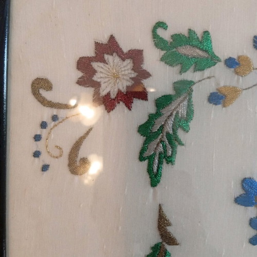 Embroidered tray used with wooden frame and copper handles