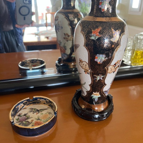 Royal Satsuma porcelain vase used with ashtray and wooden base