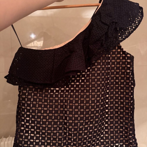 J. Crew One-Shoulder Blouse with Ruffles New, Black and Beige