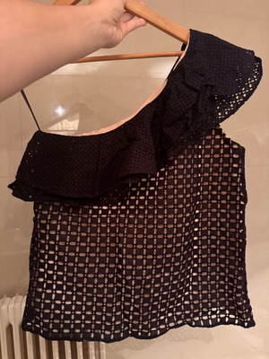 J. Crew One-Shoulder Blouse with Ruffles New, Black and Beige