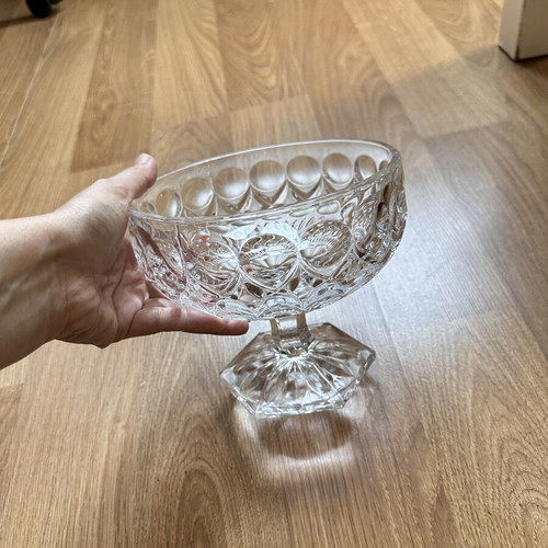 Vintage glass bowl with foot, embossed geometric pattern