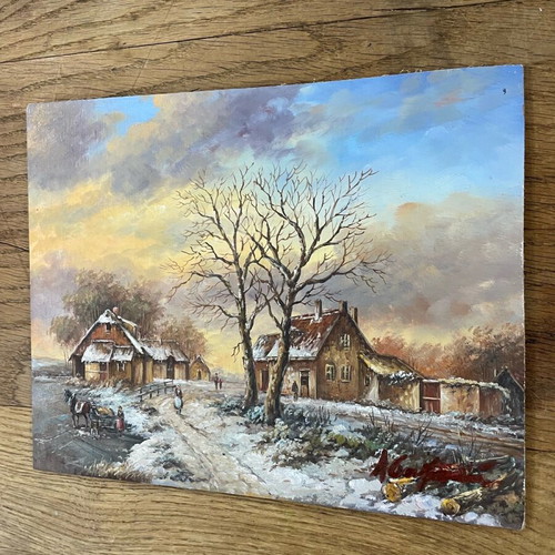 Oil painting on wood winter landscape by Abatucci