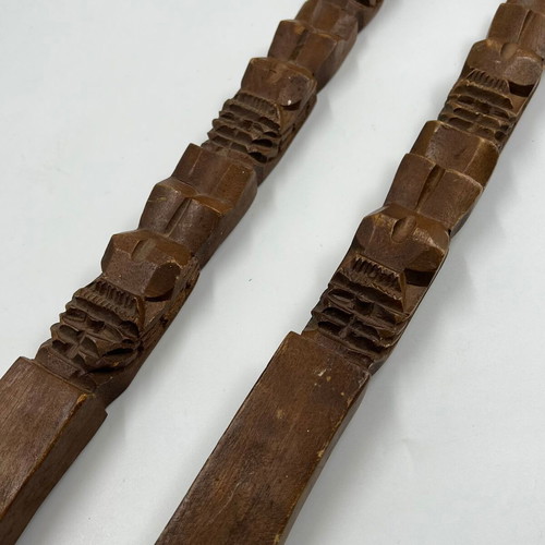 Vintage wooden decorative Tiki fork and spoon set used, tribal style
