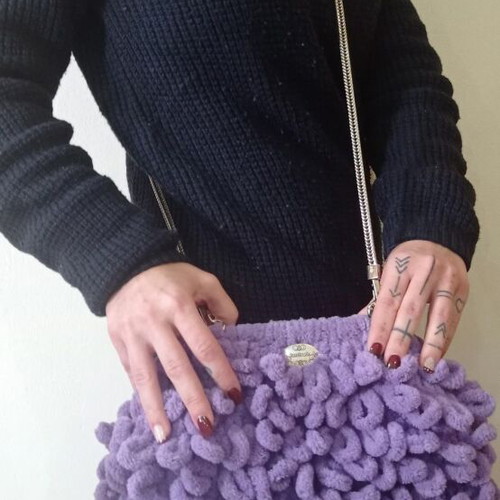 Handmade Puffy Shoulder Bag 20cm with Metal Frame Purple