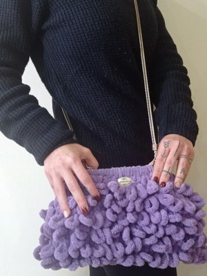 Handmade Puffy Shoulder Bag 20cm with Metal Frame Purple