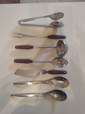 Cooking and serving spoons set used, 7 pieces with handle coating