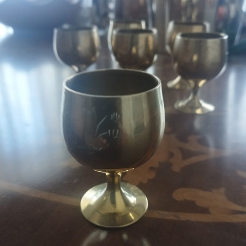 Vintage bronze liqueur glasses set of 6 used with intricate engraving