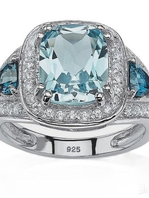 Aquamarine ring new, silver plated with white topaz