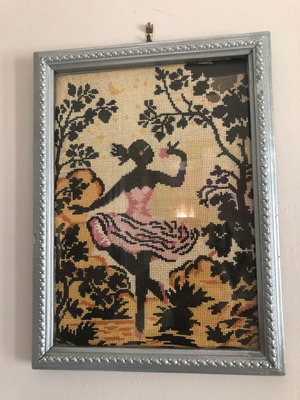 Framed cross-stitch embroidery used with ballerina and dancer