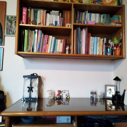 Wooden desk with glass and three drawers and bookshelf set like new