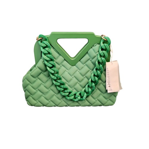 Handbag with wooden detail and extra long strap, green, new