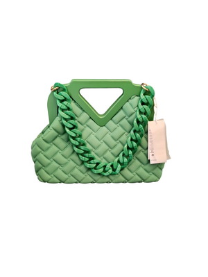 Handbag with wooden detail and extra long strap, green, new