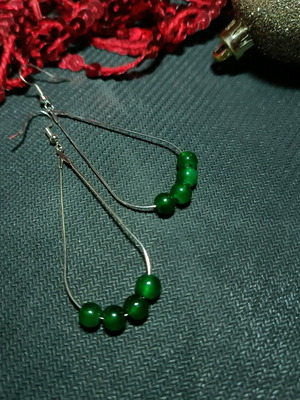 Handmade silver hoop earrings with green stone new