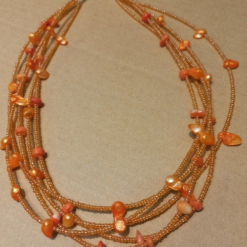 Handmade multistrand orange necklace with beads and coral stones like new