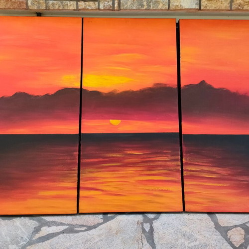 Canvas painting triptych used, romantic, acrylic on wood frame