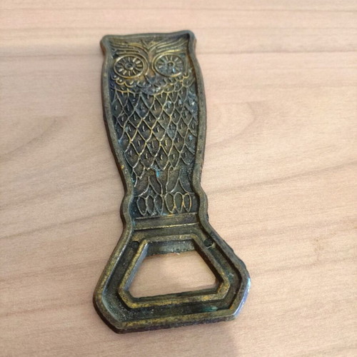 Vintage brass owl-shaped bottle opener used, 1970s