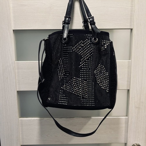 Large black shoulder bag like new, suede and leather with studs