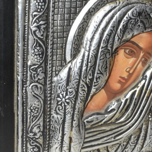 Byzantine Icon of Virgin Mary used with Metal Overlay in Wooden Frame