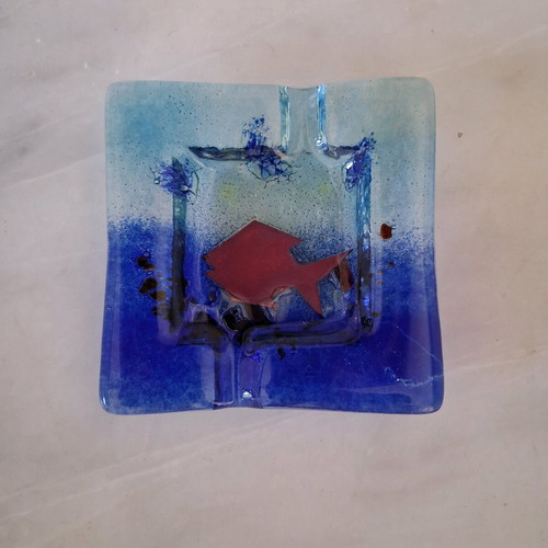 Handmade glass ashtray with blue fish design