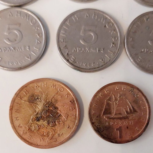 Greek coins used, set of 13 drachmas including Aristotle 5 drachmas