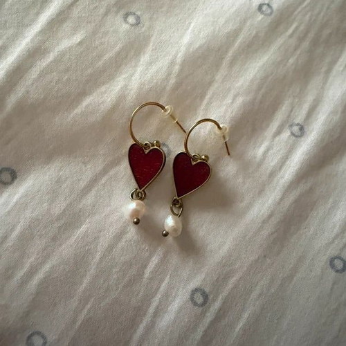 Heart drop earrings with pearl like new, red and gold