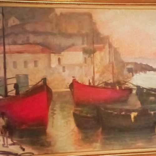 Oil painting Hydra port by D. Boukis like new with vintage frame