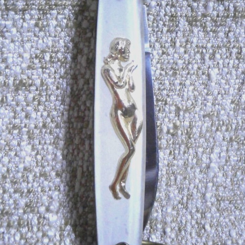 Folding Knife with Enameled Handle and Nude Figure, Stainless Steel Blade, 1960s
