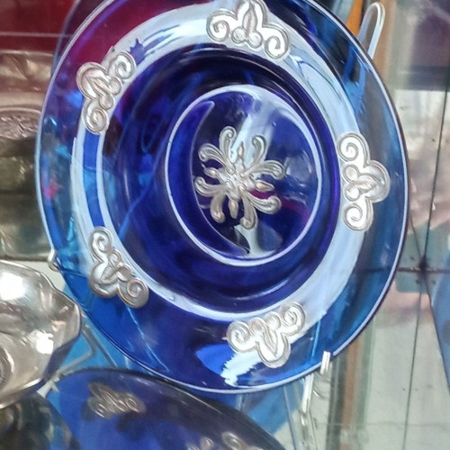 Vintage decorative plate new blue glass with silver-plated details