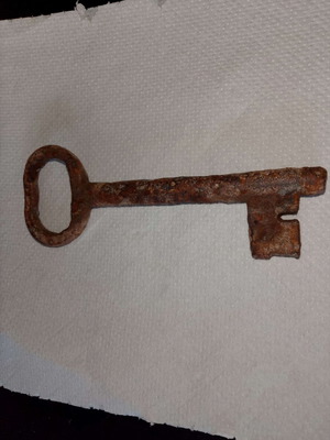 Forged iron key 15 cm used, vintage 1880-1920