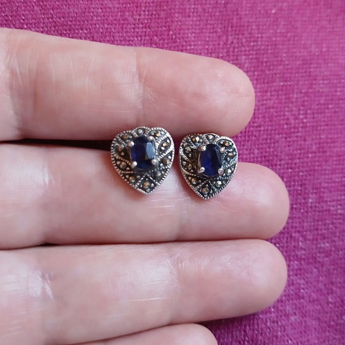 Silver 925 earrings with sapphire and marcasites, like new, vintage