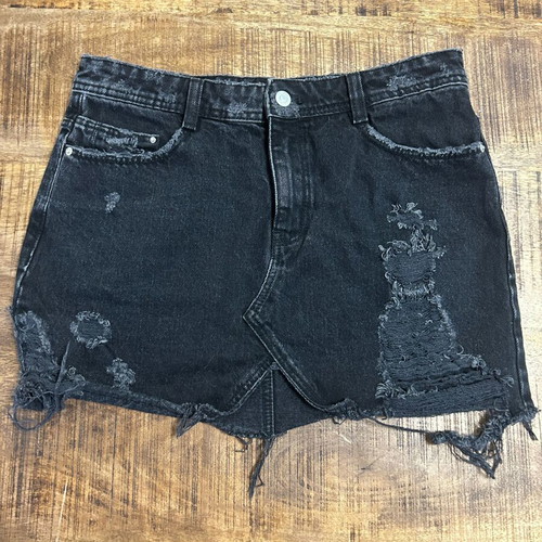 Zara Trafaluc black distressed denim mini skirt, size M