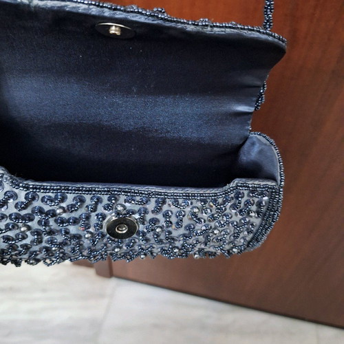 Evening barrel bag with strass like new, sky blue