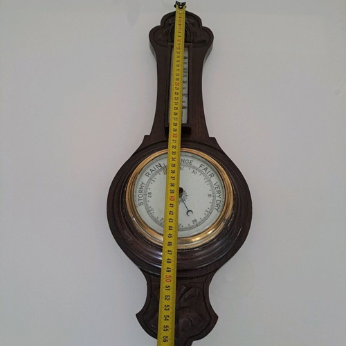 Vintage aneroid barometer with thermometer used, hand-carved wood case