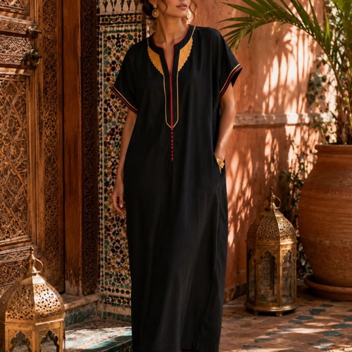 Moroccan Kaftan Maxi black with gold and red embroidery like new