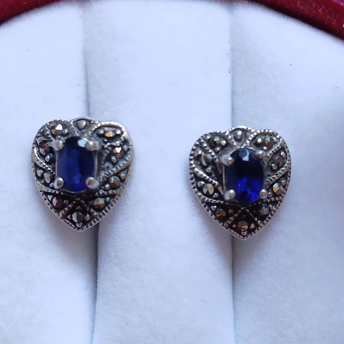 Silver 925 earrings with sapphire and marcasites, like new, vintage