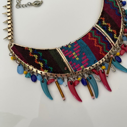 Boho Ethnic Statement Collar Necklace with Woven Fabric and Beads