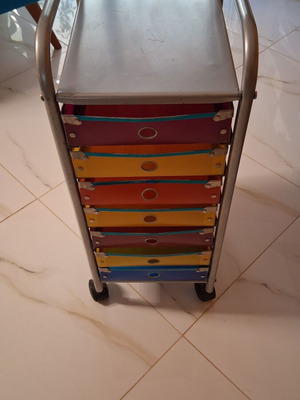 Modern wheeled drawer unit used with seven colorful plastic drawers