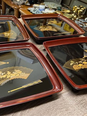 Wajima Lacquer trays set of 4 used with gold floral Maki-e design