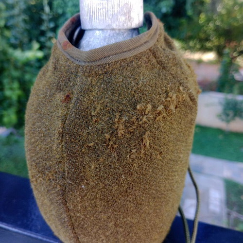 Old Greek Army Canteen used, aluminum with wool felt, 1950