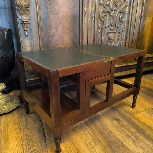 Antique mahogany metamorphic coffee table with leather top and library steps, Georgian style