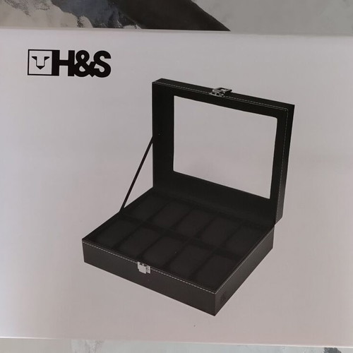 H&S luxury watch storage box, 10 black faux leather cushions, glass display, security lock