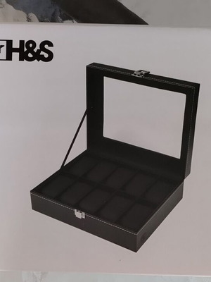 H&S luxury watch storage box, 10 black faux leather cushions, glass display, security lock