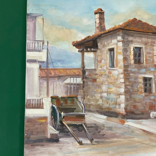 Artwork on canvas with stone house theme like new